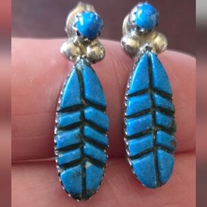 Native Lapis Carved Leaf Feather Post Sterling Earrings Glenn Sandoval Vintage